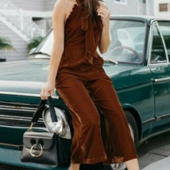 Kristinit Anthropologie Velvet Ruffle Halter Jumpsuit Copper Large H13128 - Picture 11 of 12